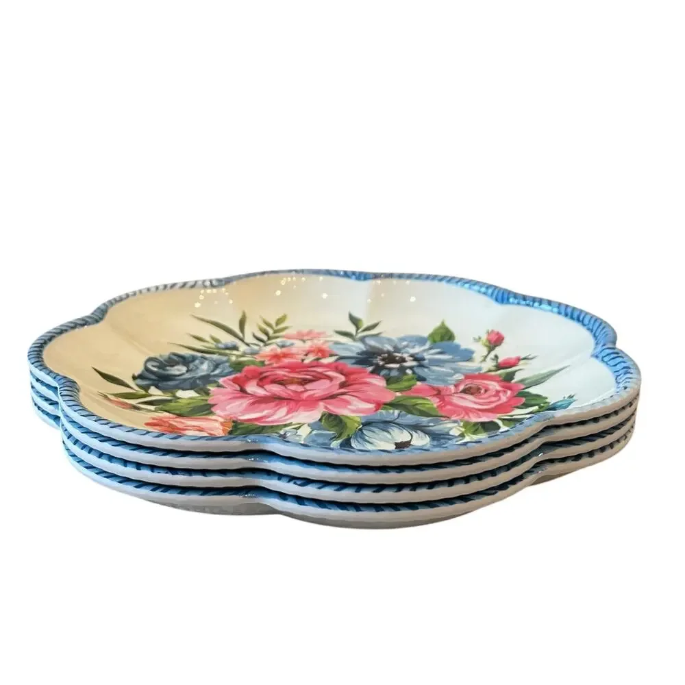 NEW Shabby Chic Floral Melamine Salad Plates 9in Set of 4 Scalloped Blue Border